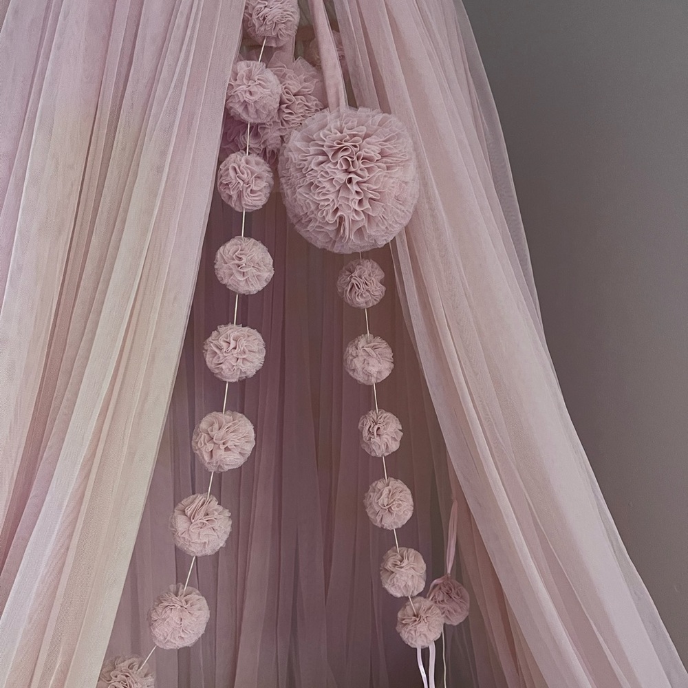 Charming Pink Tulle Canopy with Pom Poms